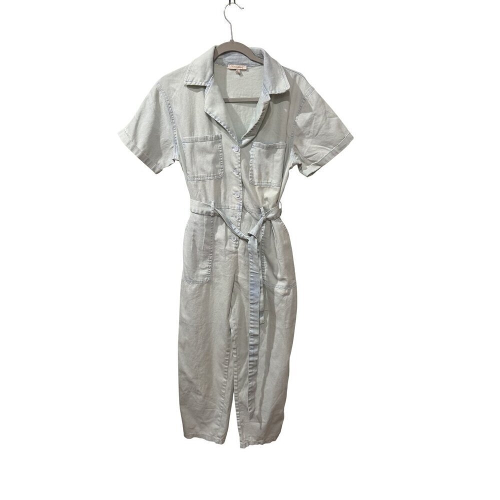 Womens Skies are Blue Light Wash Denim Utility Jumpsuit Belted Front Small